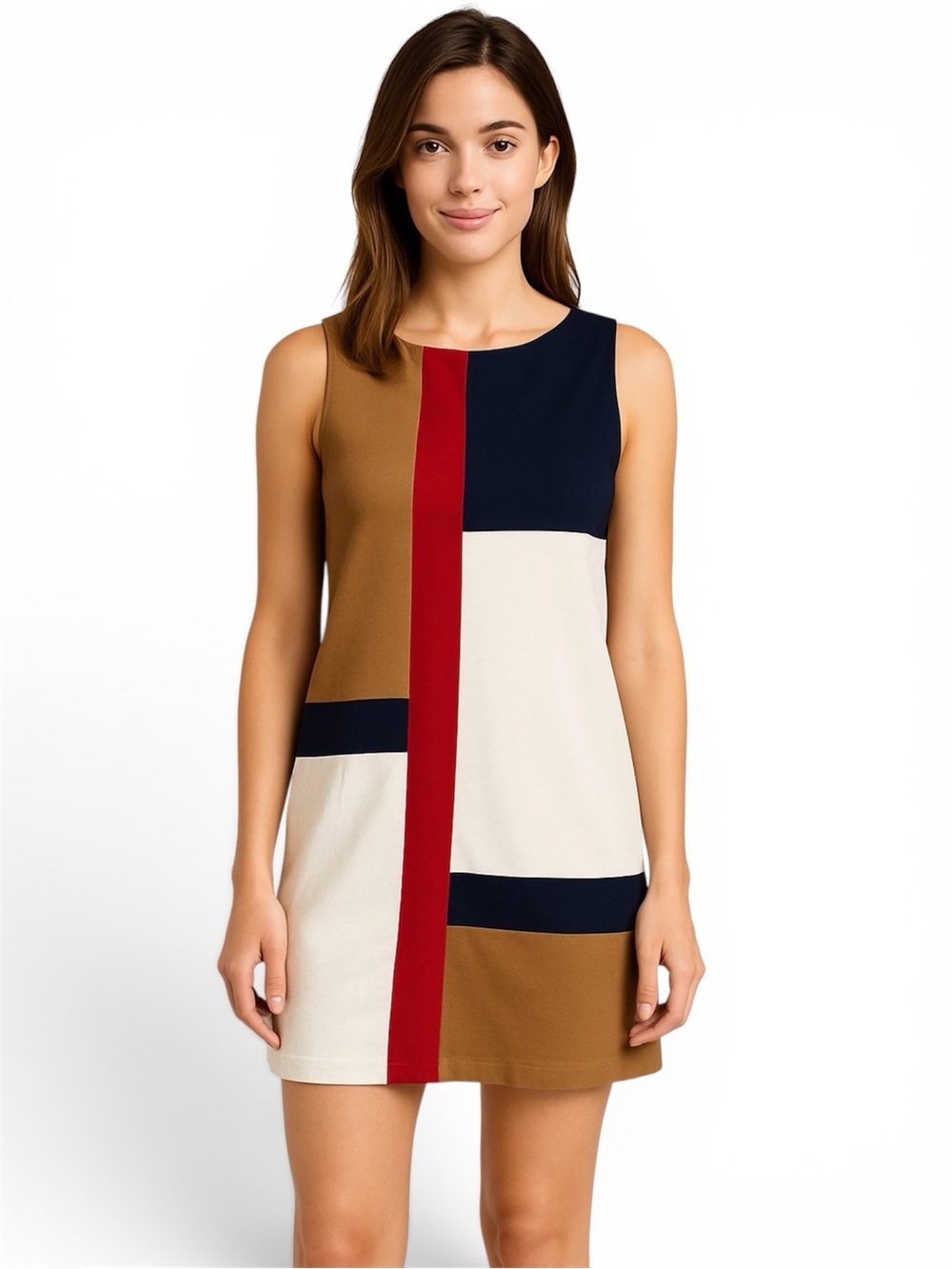 Diane von Furstenberg Mondrian Colorblock Shift Dress Black Tan Red Size 8